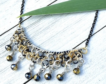 Gorgeous Hand Woven Black Metallic Centerpiece Dangle Wire Design Statement Necklace
