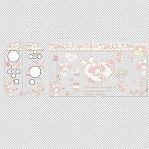 May include: A gaming console skin set featuring a light pink and white color palette with My Melody character illustrations, floral patterns, bows, and hearts. The design includes two controller skins and one main console skin with text accents.