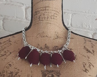 Metal Necklace  with Rolled Fabric Beads