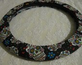 Black Sugar Skulls Steering Wheel Cover Seat Belt Dia de Los Muertos Day of the Dead Folkloric Sugar Skulls