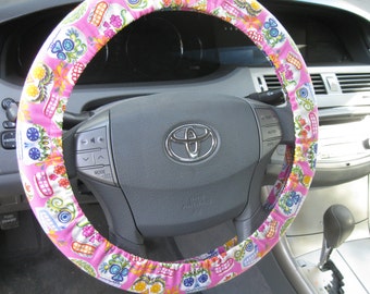 Fully Lined All-Weather Folkloric Sugar Skulls * Steering Wheel Cover * Pink Passion Sugar Skulls