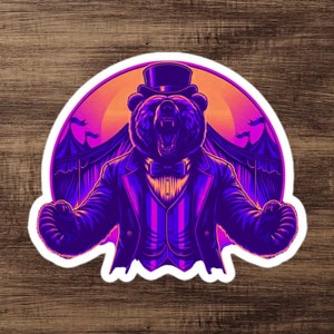 Pegatina de oso de circo vintage / Pegatina de maestro de ceremonias de neón retro para Kindle / Calcomanía para computadora portátil con sombrero de copa de carnaval llamativo / Papelería