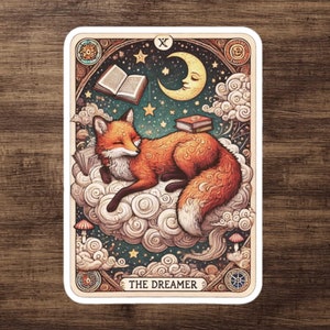 Der Träumer Fuchs Tarot Kartenaufkleber - Boho Sticker, süsse Tierkunst, Tagträumer Geschenk, Naturliebhaber Aufkleber