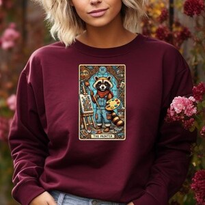 Schilderssweater - tarotkaartshirt - schattige wasbeer schilderij trui - artistiek dier cadeau voor kunstenaars, kunstleraar en student, crafter