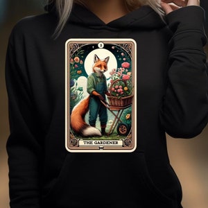 Felpa con cappuccio con tarocchi del giardiniere – Felpa con volpe carina, stile boho accogliente, regalo botanico per giardinieri e amanti della natura