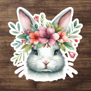 Cute Spring Rabbit Sticker | Cute Easter Bunny in Floral Tiara | Pastel Animal Sticker for Bunny Lovers on Kindle, Tumbler, Car, or Laptop
