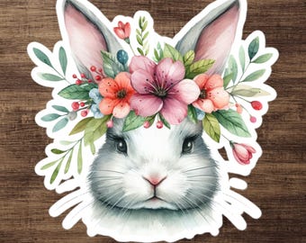 Cute Spring Rabbit Sticker | Cute Easter Bunny in Floral Tiara | Pastel Animal Sticker for Bunny Lovers on Kindle, Tumbler, Car, or Laptop