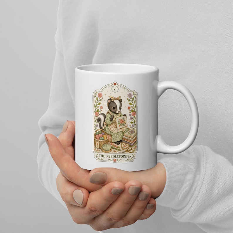 The Needlepointer Tarot Card Mug, Needlepoint Coffee Cup, Gift for Stitcher, Skunk Tea Mug, Stitching Mug, Canvas Craft Mug, Cottagecore Mug