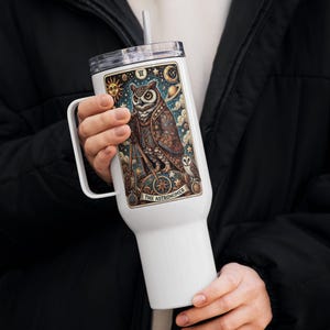 Vaso de cerámica con forma de carta del tarot de astrónomo, búho místico, de 25 o 40 oz, con aislamiento, asa, tapa y pajita, regalo para amantes de la astronomía y observadores de estrellas