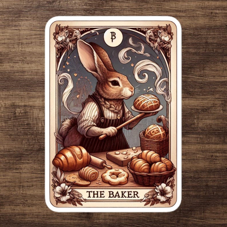 The Baker Tarot Card Sticker, Rabbit Baking Bread & Pastries, Mystical Bakery, Tarot Card, Whimsical Bunny Chef, Sourdough Baking