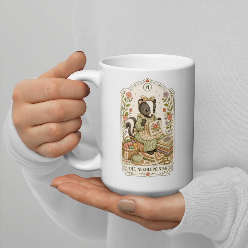 The Needlepointer Tarot Card Mug, Needlepoint Coffee Cup, Gift for Stitcher, Skunk Tea Mug, Stitching Mug, Canvas Craft Mug, Cottagecore Mug