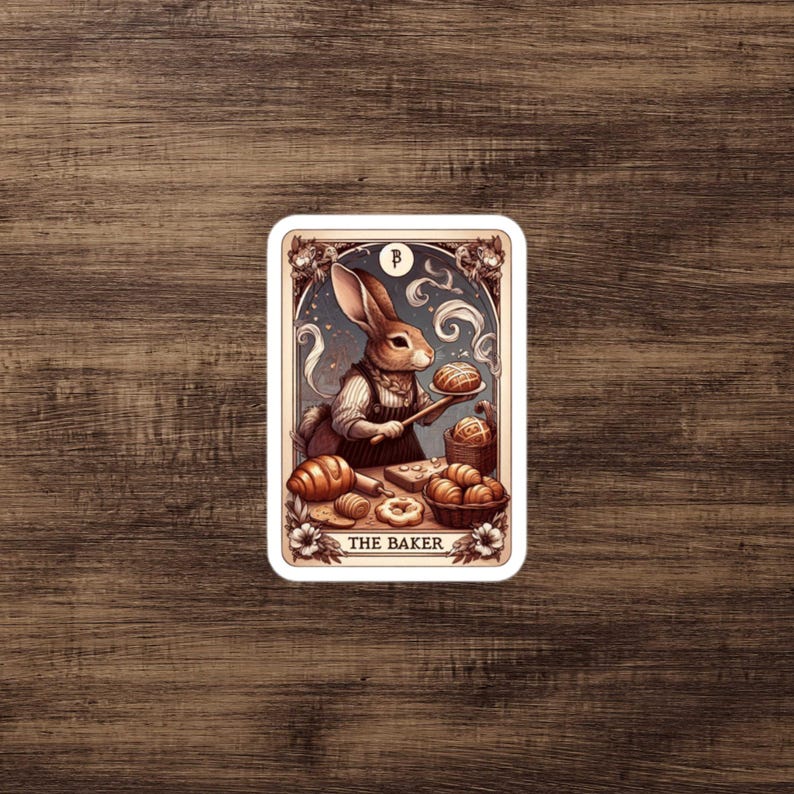 The Baker Tarot Card Sticker, Rabbit Baking Bread & Pastries, Mystical Bakery, Tarot Card, Whimsical Bunny Chef, Sourdough Baking