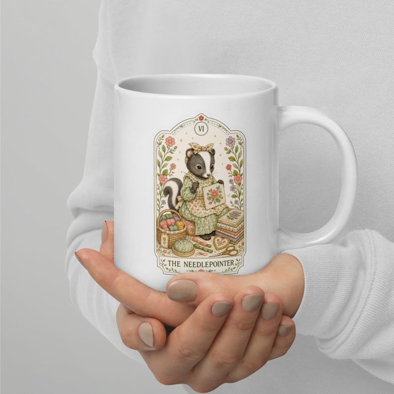 The Needlepointer Tarot Card Mug, Needlepoint Coffee Cup, Gift for Stitcher, Skunk Tea Mug, Stitching Mug, Canvas Craft Mug, Cottagecore Mug