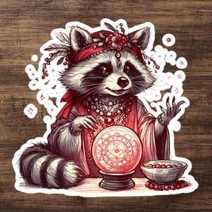 Pegatina de adivino de mapache, mapache psíquico con bola de cristal, arte metafísico para amantes de los animales, regalo hippie, pegatina de Kindle de Gypsycore