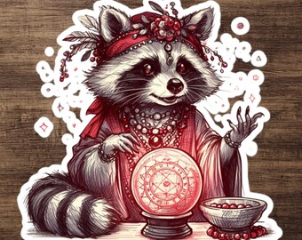 Waschbär-Wahrsager-Aufkleber, Hellseherischer Waschbär mit Kristallkugel, Metaphysisches Tierliebhaber-Geschenk, Hippie-Geschenk, Gypsycore-Kindle-Aufkleber, Jimothy
