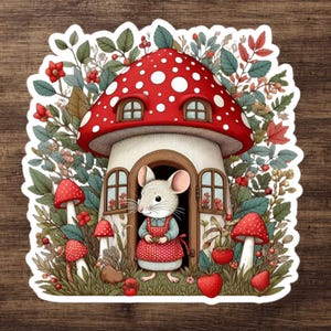 mignon de souris Cottagecore | Champignon lunatique avec fraises pour ordinateur portable ou gobelet | Sticker pour Kindle Forêt de conte de fées