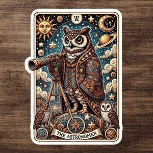 De astronoom uil tarotkaart sticker - astrologie, astronomie, hemelse uil voor Kindle Laptop Tumbler Stargazer sterrenbeeld, horoscoop, fortuin