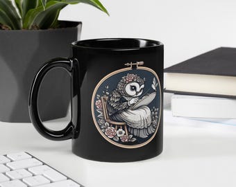 Crafty Owl Embroidery Mug - Anthropomorphic Stitching and Needlepoint Art - Gift for Crafter, Mom, Grandma, Sewing Lover - 11 & 15 oz