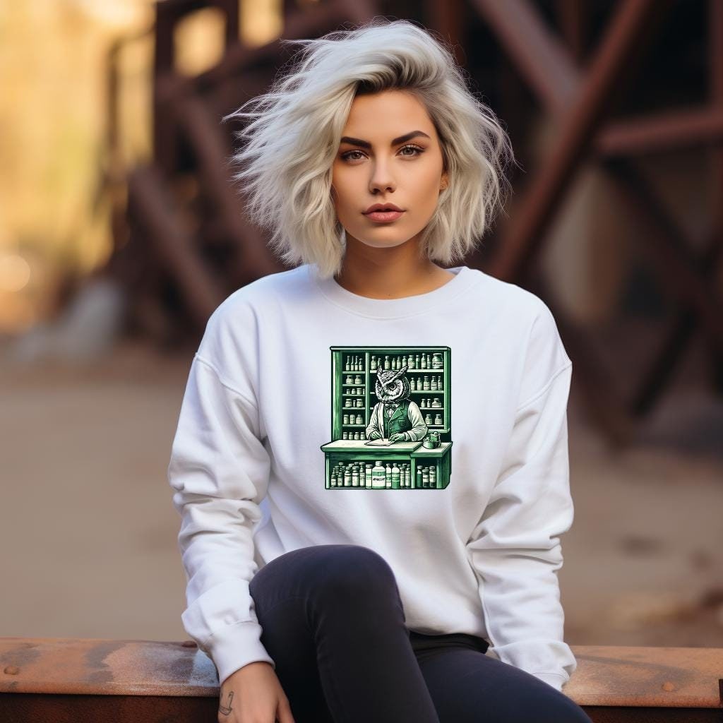 Vintage Apothecary Sweatshirt - Anthropomorphic Owl Pharmacist Shirt - Gift for Scientist, Pharmacy 