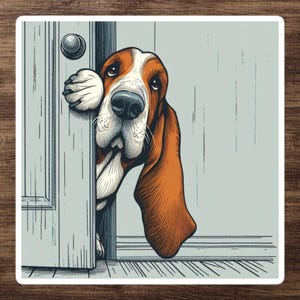 Cute Basset Hound Sticker - Funny Dog Peeking Around Door Decal for Kindle, Laptop, or Tumbler - Christmas Gift for Animal Lover, Pet Owner