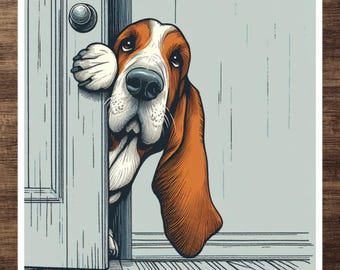 Cute Basset Hound Sticker - Funny Dog Peeking Around Door Decal for Kindle, Laptop, or Tumbler - Christmas Gift for Animal Lover, Pet Owner