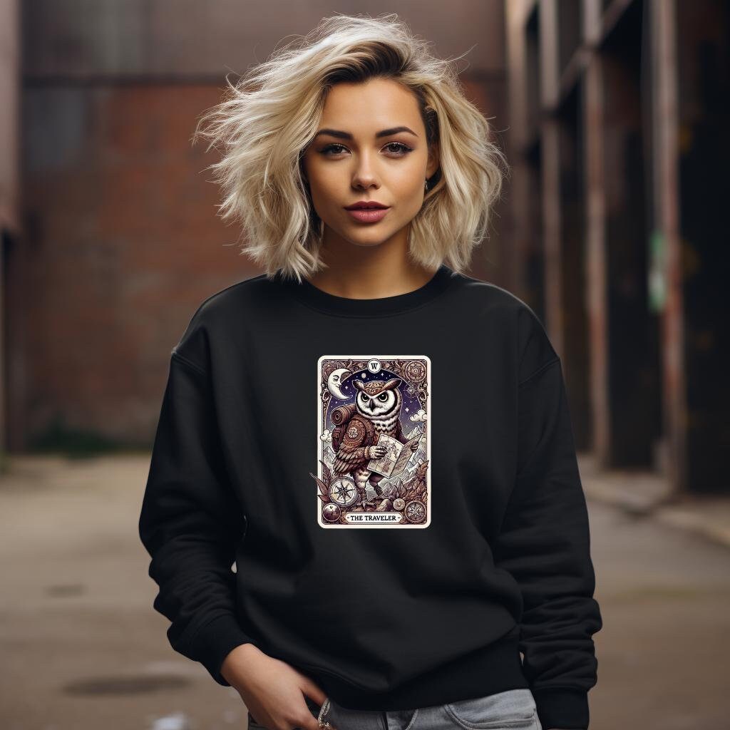 Traveler Sweatshirt - Owl Tarot Card Shirt - Travel Adventure Pullover for Explorers - Gift for Back