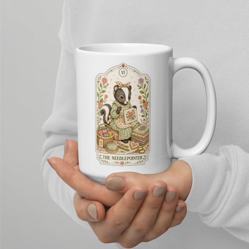 The Needlepointer Tarot Card Mug, Needlepoint Coffee Cup, Gift for Stitcher, Skunk Tea Mug, Stitching Mug, Canvas Craft Mug, Cottagecore Mug