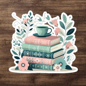 Adesivo carino per amanti dei libri / Pila di libri con fiori pastello con caffè, tè, fiori / Adesivo per topi di biblioteca per Kindle, laptop, Tumbler