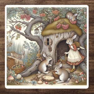 Kaninchen-Familie in Baumhaus Aufkleber | Cottagecore gelber Beeren Aufkleber mit Beeren | Vintage Fairytale Art 4 Kindle, Laptop, Becher