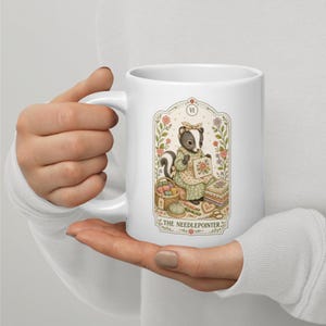 The Needlepointer Tarot Card Mug, Needlepoint Coffee Cup, Gift for Stitcher, Skunk Tea Mug, Stitching Mug, Canvas Craft Mug, Cottagecore Mug