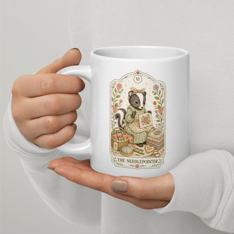 The Needlepointer Tarot Card Mug, Needlepoint Coffee Cup, Gift for Stitcher, Skunk Tea Mug, Stitching Mug, Canvas Craft Mug, Cottagecore Mug