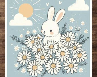 Kawaii Bunny Sticker | Cute Rabbit in Floral Daisy Field | Pastel Spring & Summer Decor | Perfect for Easter and Rabbit Lover Gift