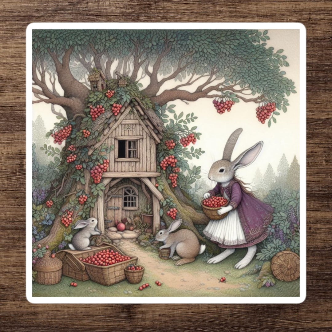 Whimsical Bunny Sticker | Fairy Tale Rabbit in Berry Harvest Sticker ...