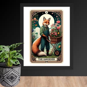 Tuinman tarotkaart ingelijste poster – schattige Fox Art Print, boho muurdecoratie, botanisch cadeau voor natuurliefhebbers en tuinliefhebbers