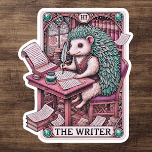 Adesivo de carta de tarô do escritor - Decalque de amante de ouriço para Kindles, laptops e copos de viagem - Presente fofo de ouriço para autores e estudantes de inglês
