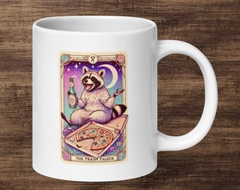 Trash Talker Tarot Card Mug – Funny Raccoon Coffee Cup – Gossip Lover Gift – Salty Humor Mug for Pizza & Beer Enthusiasts, Jimothy Raccoon