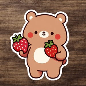 mignon ours fraise autocollant | Sticker ours en peluche brun kawaii avec fraises | Cadeau pour amoureux des animaux pour Kindle, ordinateur portable, gobelet, voiture