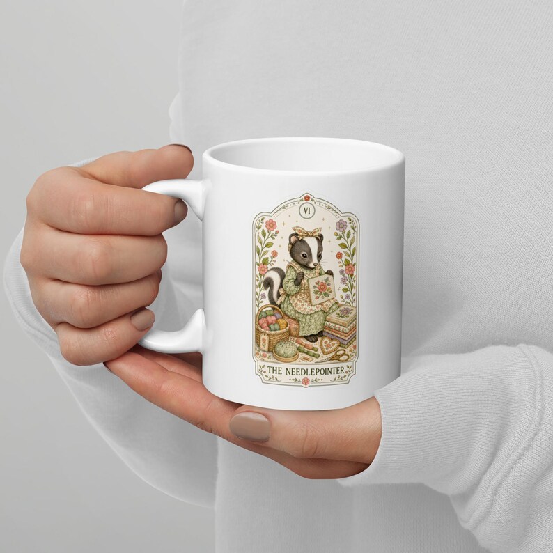 The Needlepointer Tarot Card Mug, Needlepoint Coffee Cup, Gift for Stitcher, Skunk Tea Mug, Stitching Mug, Canvas Craft Mug, Cottagecore Mug