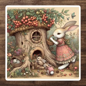 Adesivo coniglietto carino che raccoglie bacche / Coniglio Cottagecore in Calico - Adesivo coniglietto pasquale stravagante per Kindle, laptop, Tumbler