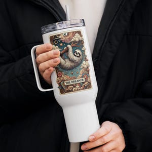 Vaso de viaje con carta del tarot de la pereza soñadora: taza térmica de 25 oz y 40 oz con asa, tapa y pajita, regalo para soñadores y observadores de estrellas