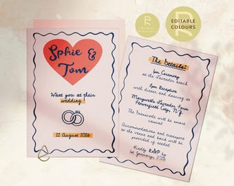 Wedding Invitation Template | Customizable | Optional Details RSVP Page | Hand Drawn Illustrations | Funky, Colorful, Retro | No. 101