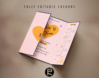 Gatefold Wedding Invitation Template | Customizable | Hand Drawn Illustrations | Funky, Colorful, Retro, Romantic | No. 100