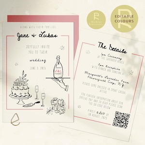 May include: Wedding invitation with a hand-drawn design. The invitation includes the names "Jane & Lukas", wedding date, and details about the ceremony and reception. The design features a cake, champagne glasses, and a bottle.