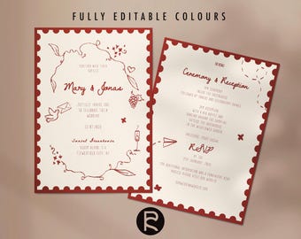 Wedding Invitation Template | Playful | Whimsical | Destination | Customizable | Optional Details Page | Original Illustrations | No. 116