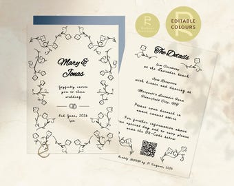 Wedding Invitation Template | Customizable | Optional Details Page | Hand Drawn Illustrations | Whimsical, Flower Frame | QR Code | 117