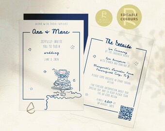 Wedding Invitation Template | Customizable | Hand Drawn Illustrations | Doodle, Minimalist, Funky, Whimsical, Cute | QR Code | 109