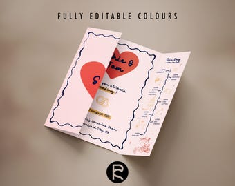 Gatefold Wedding Invitation Template | Customizable | Hand Drawn Illustrations | Funky, Colorful, Retro, Romantic | No. 101