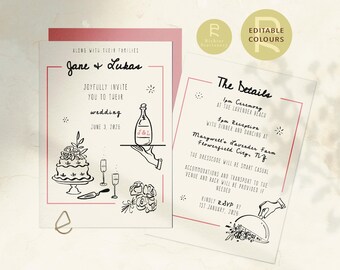 Wedding Invitation Template | Customizable | Optional Details Page | Hand Drawn Illustrations | Doodle, Minimalist, Funky, Whimsical | 110