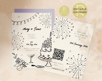 Wedding Invitation Template | Customizable | Optional Details Page | Hand Drawn Illustrations | Doodle, Funky, Whimsical | QR | 108