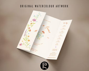 Gatefold Wedding Invitation Template | Colorful Watercolor Wildflowers | Customizable | Modern Cottage Core | Original Illustrations | 107
